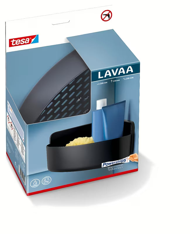 Kampinė dušo lentynėlė Tesa matinės juodos spalvos, montuojama be gręžimo naudojant Powerstrips Waterproof.