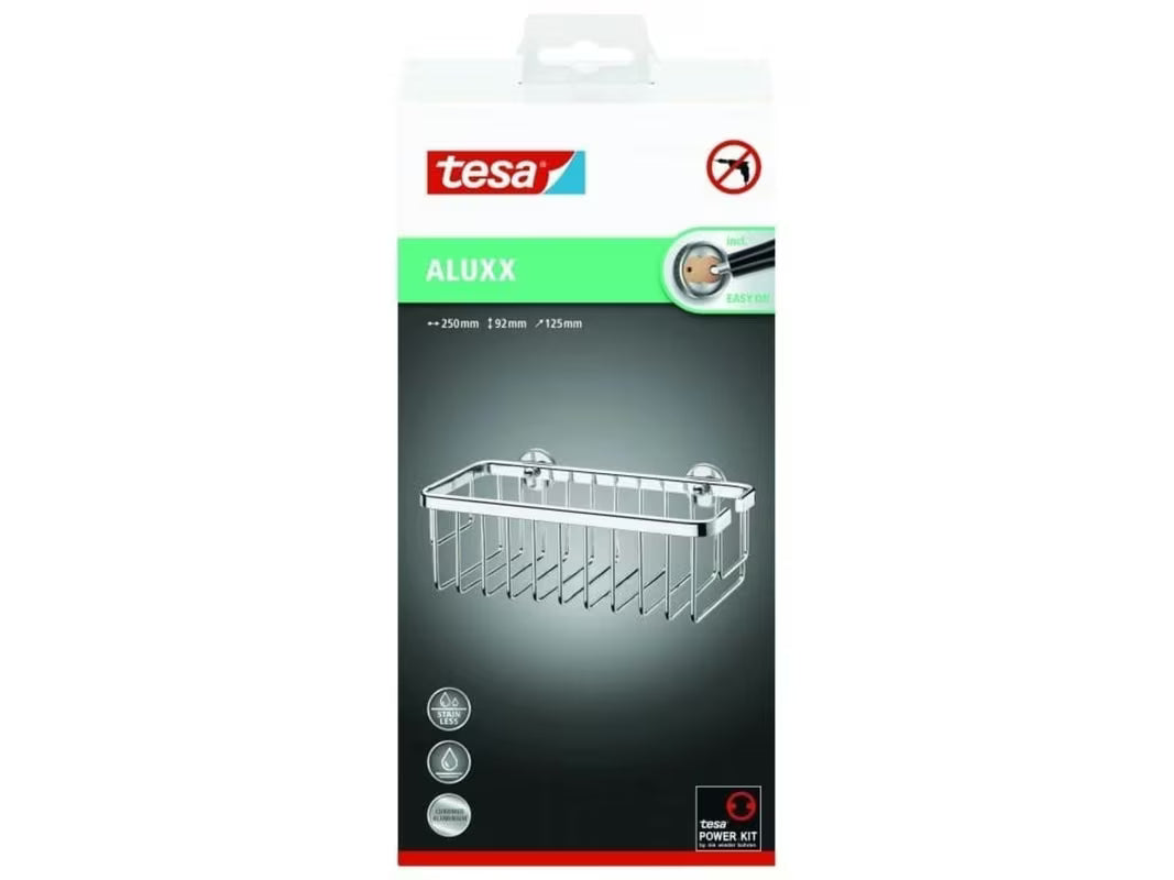 Blizgaus chromo dušo krepšelis Tesa Aluxx pro šampūnams ir dušo geliams laikyti, be gręžimo.