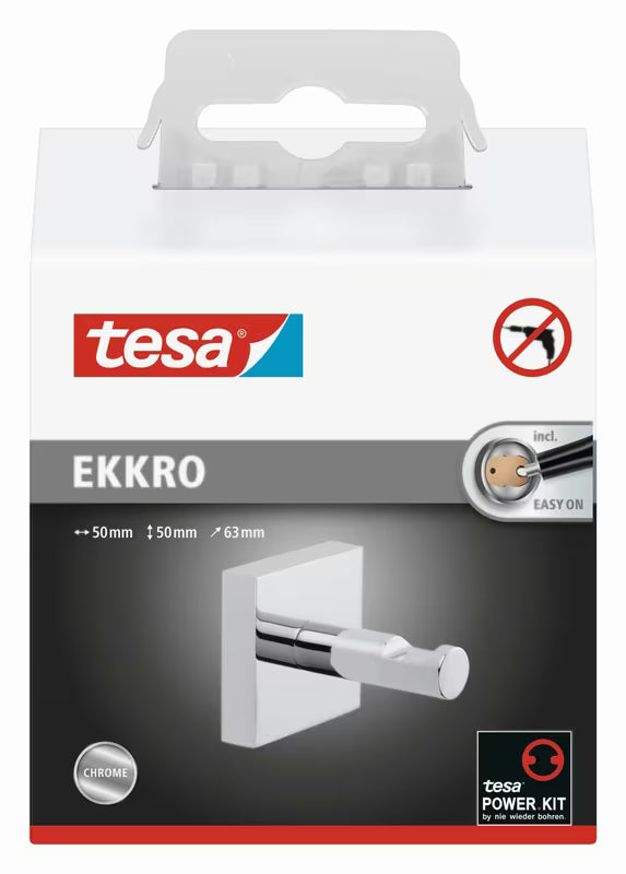 Chromuotas kampuotas kabliukas Tesa Ekkro rankšluosčiui su montavimu be gręžimo naudojant Power.Kit technologiją
