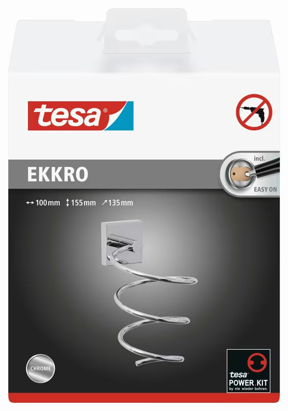 Chromuotas lipnus plaukų džiovintuvo laikiklis Tesa Ekkro su spiraline konstrukcija, montuojamas be gręžimo