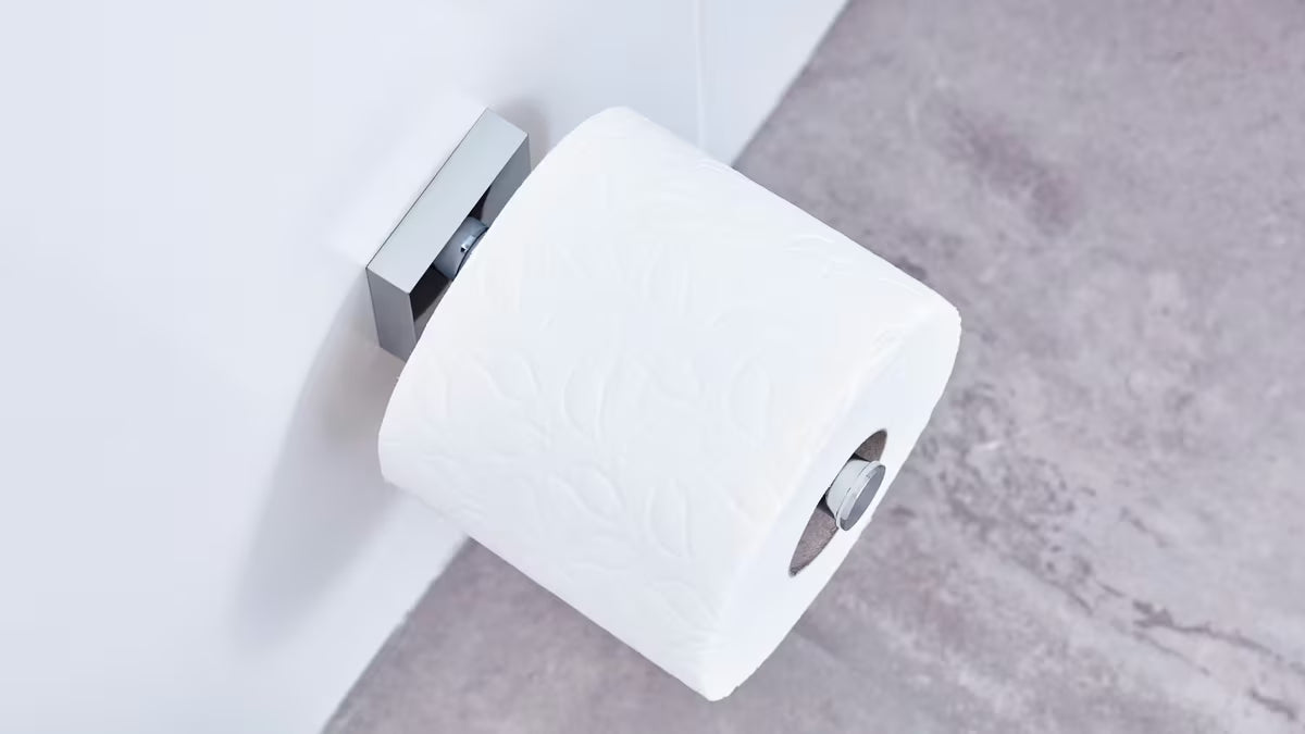 Chromuotas kvadratinis tualetinio popieriaus laikiklis Tesa Ekkro su lipniu tvirtinimu, be gręžimo