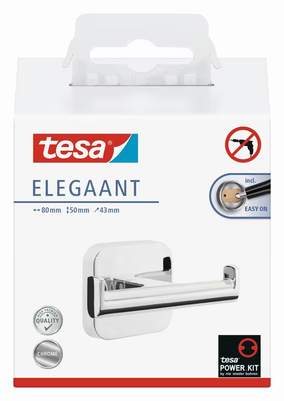 Dvigubas sieninis kabliukas Tesa Elegaant, blizgaus chromo, pro rankšluosčiams ir chalatams kabinti be gręžimo.