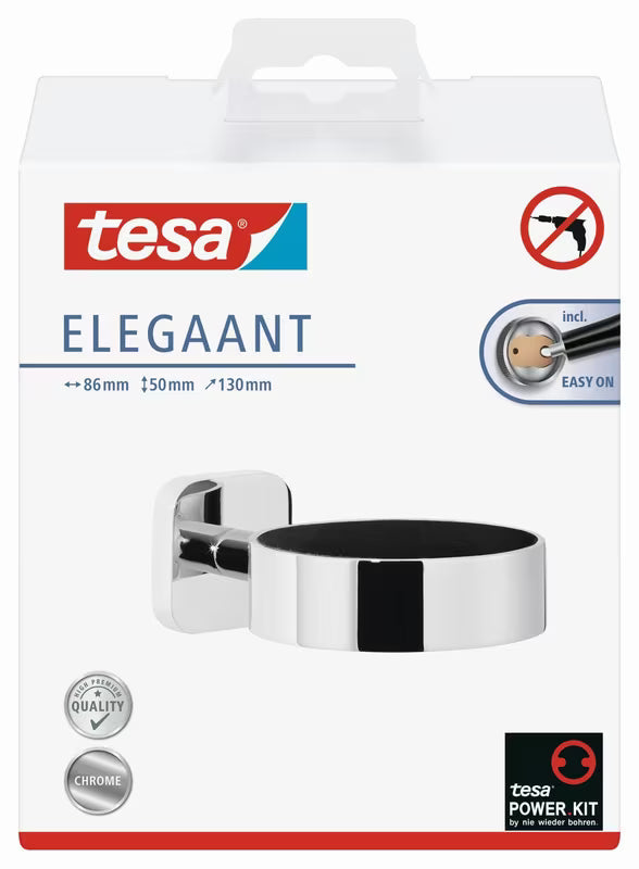 Chromuotas sieninis plaukų džiovintuvo laikiklis Tesa Elegaant, montavimas be gręžimo su Power.Kit