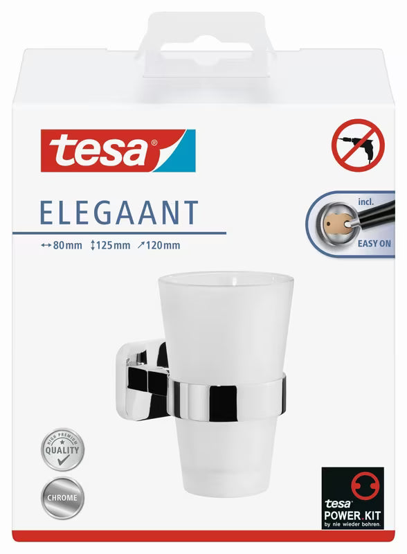 Chromuotas stiklinės ir šepetėlių laikiklis Tesa Elegaant su matinio stiklo stikline tvirtinamas prie sienos