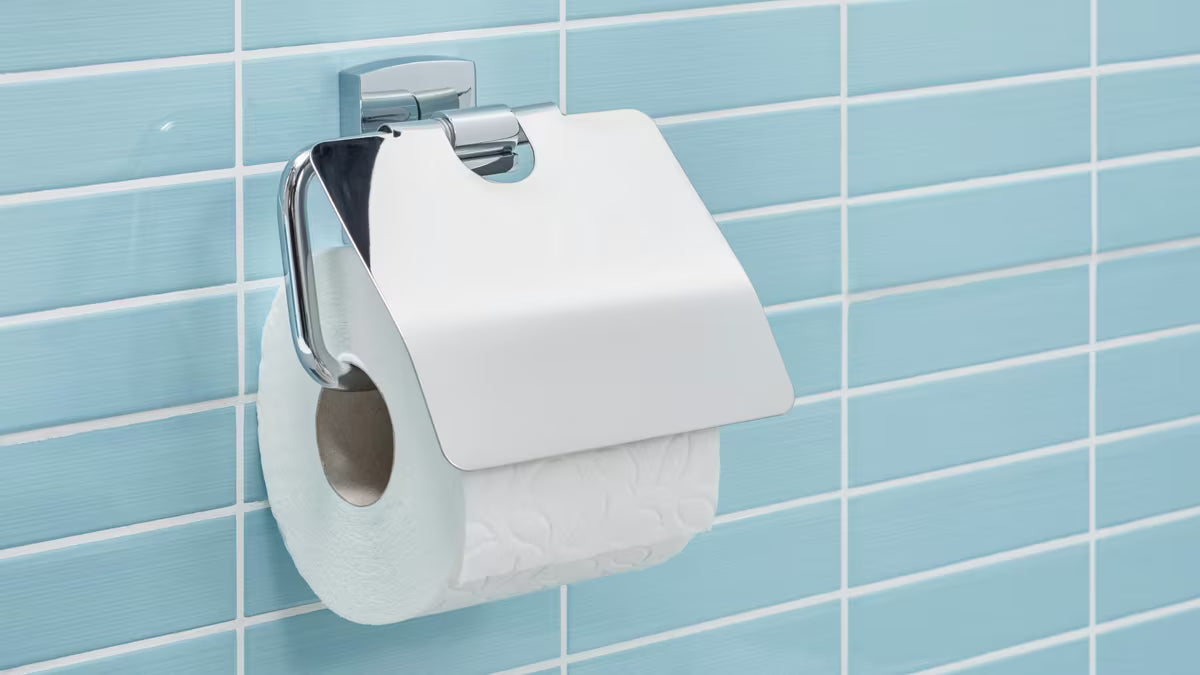Chromuotas kampuotas tualetinio popieriaus laikiklis Tesa Klaam su montavimu be gręžimo naudojant tesa Power.Kit.
