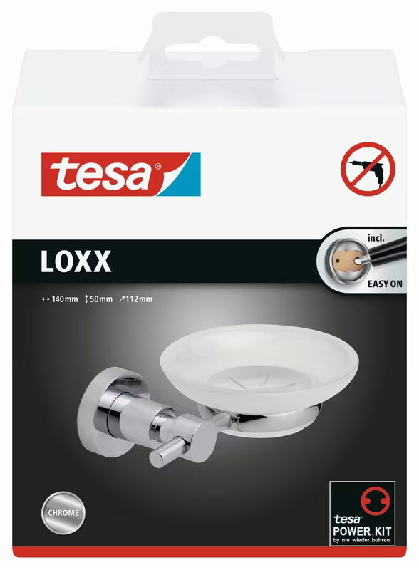 Chromuotas muilinės laikiklis Tesa Loxx su satinuoto stiklo indeliu pro tvirtinimas be gręžimo