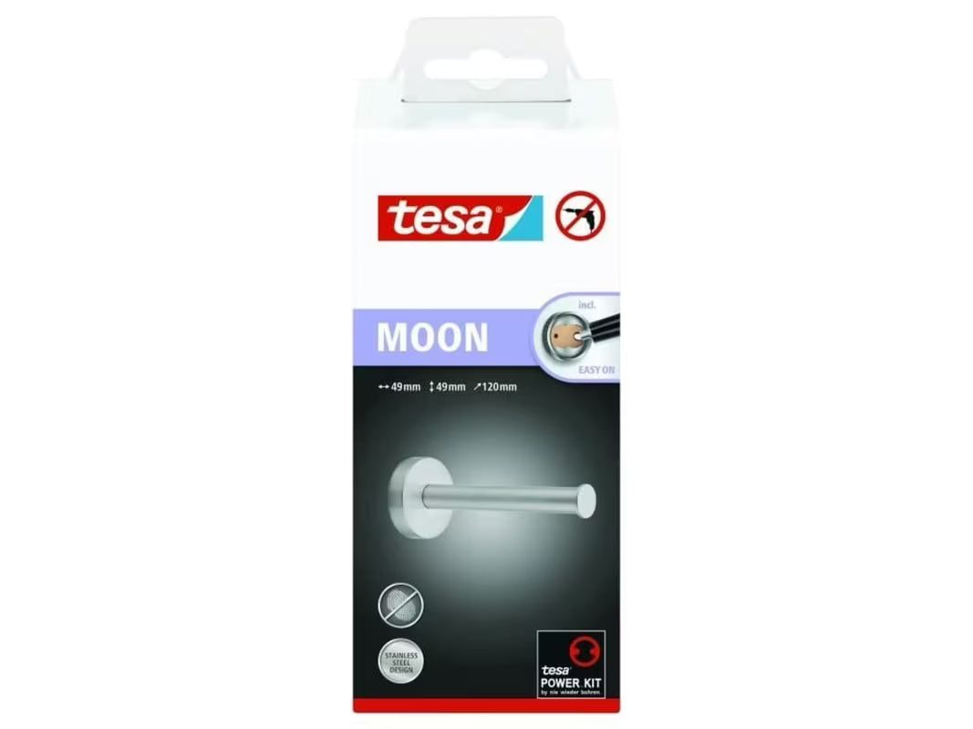Tualetinio popieriaus laikiklis Tesa Moon iš šlifuoto plieno, su Power.Kit tvirtinimu be gręžimo.