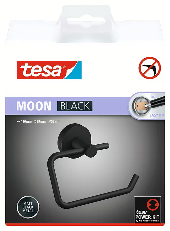 Matinės juodos spalvos tualetinio popieriaus laikiklis be dangčio Tesa Moon Black su tvirtinimu tesa Power.Kit be gręžimo