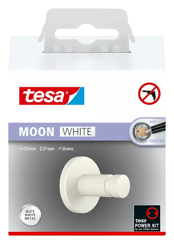 Matinės baltos spalvos kabliukas rankšluosčiams Tesa Moon Black su klijuojamu tvirtinimu be gręžimo