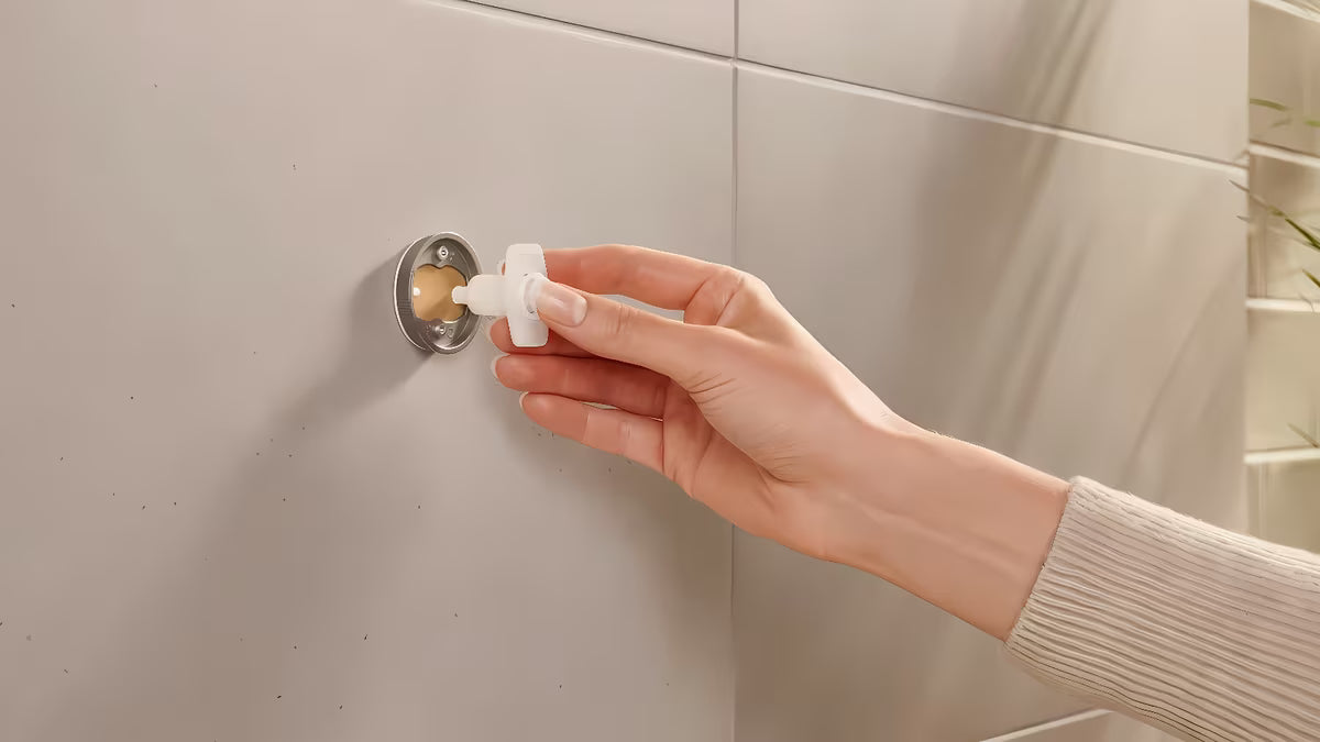 Matinės baltos spalvos vonios kabliukas Tesa Moon Black pro chalatui kabinti, montuojamas be gręžimo