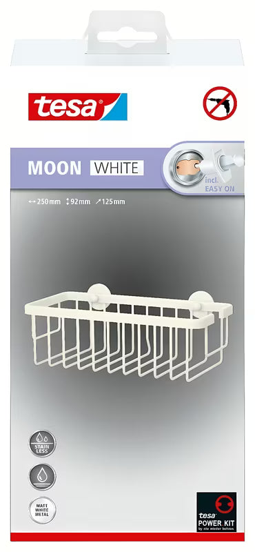 Matinės baltos spalvos dušo krepšelis Tesa Moon Black, klijuojamas montavimas be gręžimo.