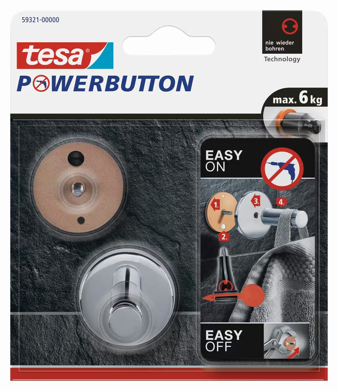 Chromuotas kabliukas Tesa powerbutton be gręžimo pro vonios kambariui ir virtuvei