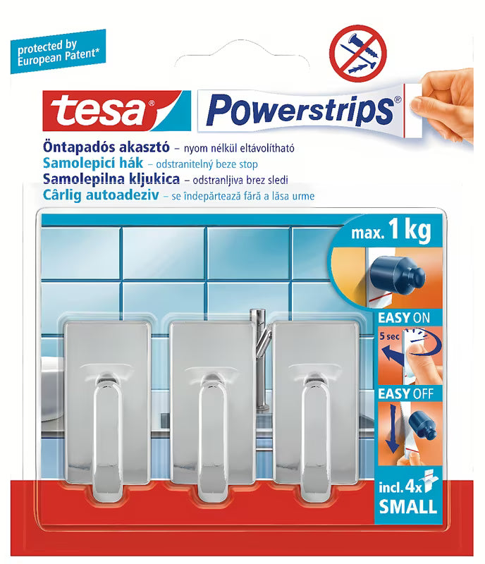Chromuotas kabliukas Tesa Powerstrips pro tvirtinimas be gręžimo ant lygių tvirtų paviršių.