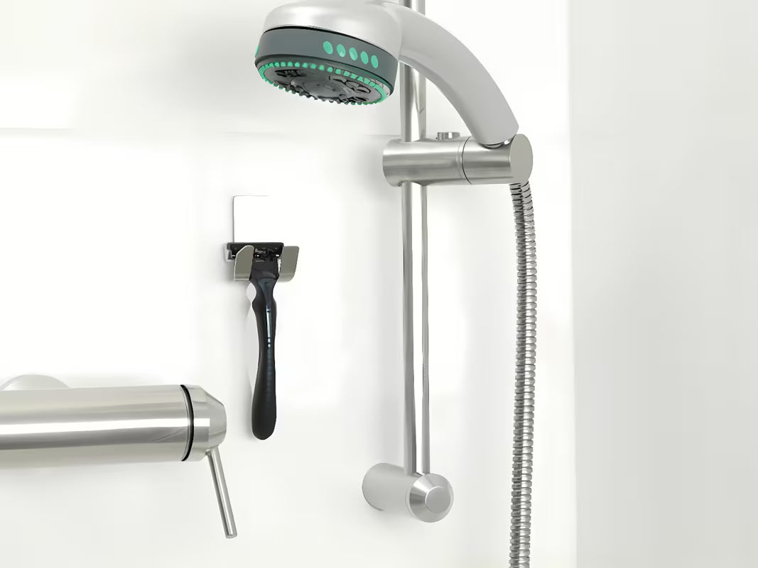 Tesa Powerstrips vandeniui atsparus nerūdijančio plieno dvigubas kabliukas pro skustuvui pakabinti be gręžimo.