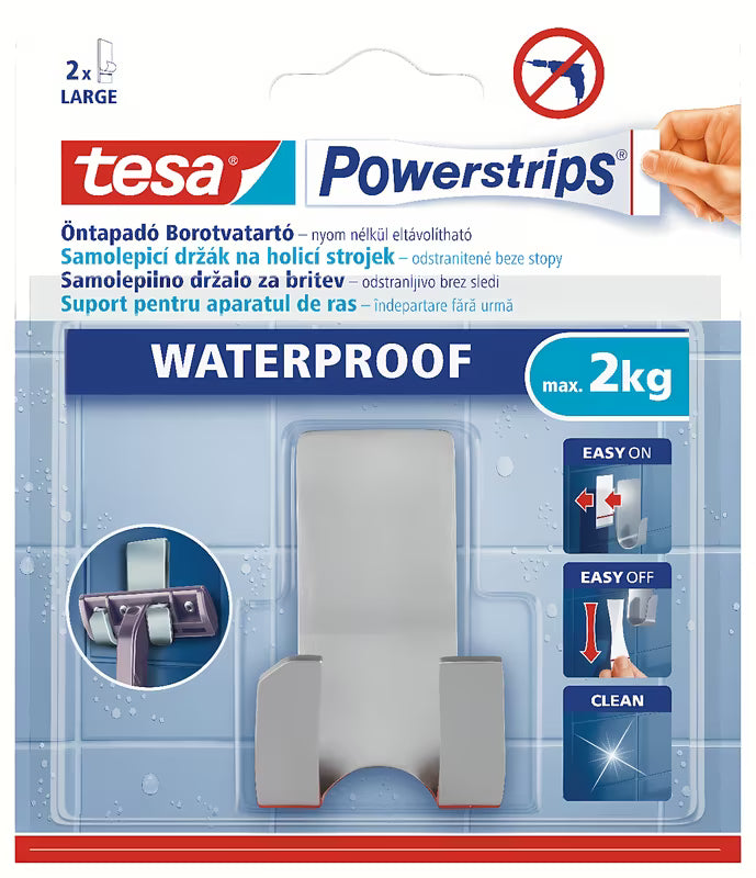 Tesa Powerstrips vandeniui atsparus nerūdijančio plieno dvigubas kabliukas pro skustuvui pakabinti be gręžimo.