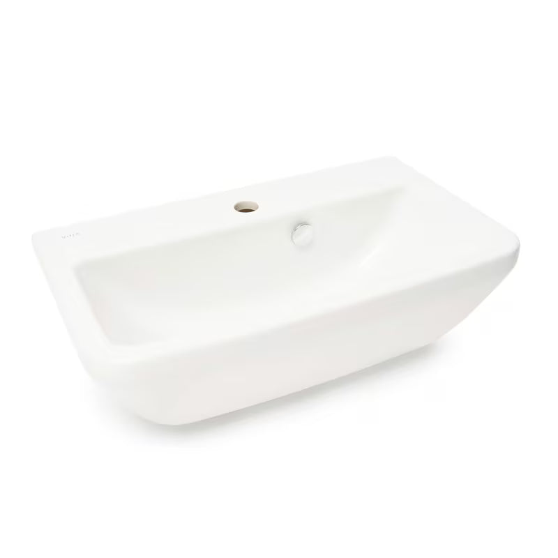 Baltas pakabinamas praustuvas Vitra Integra 60x36 cm, keraminis, su anga pro maišytuvui centre ir persipylimu.