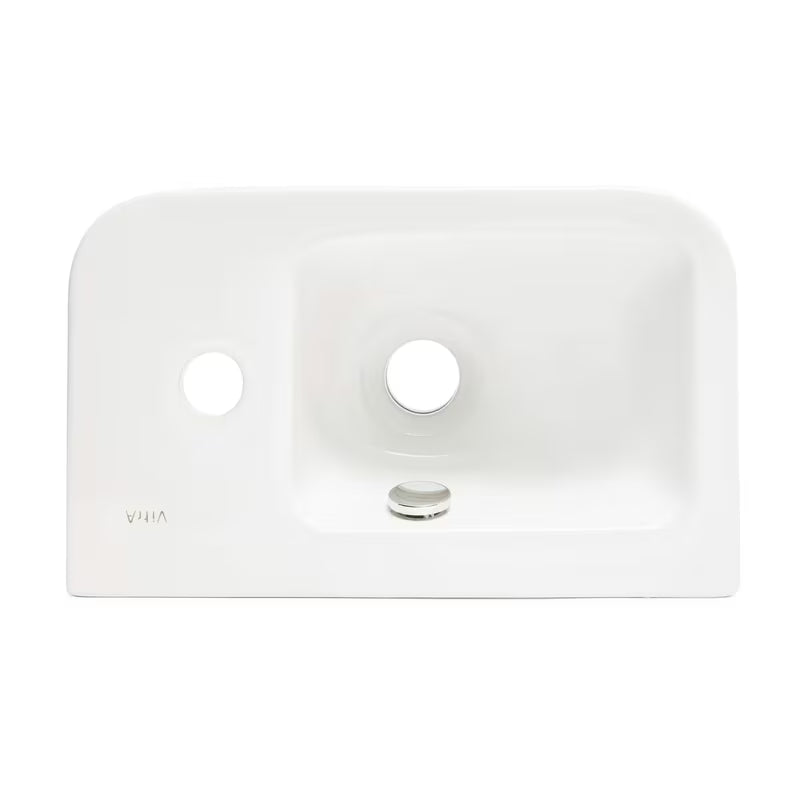 Baltas keraminis mažas praustuvas Vitra Integra 37x22 cm su persipylimo anga ir anga maišytuvui dešinėje