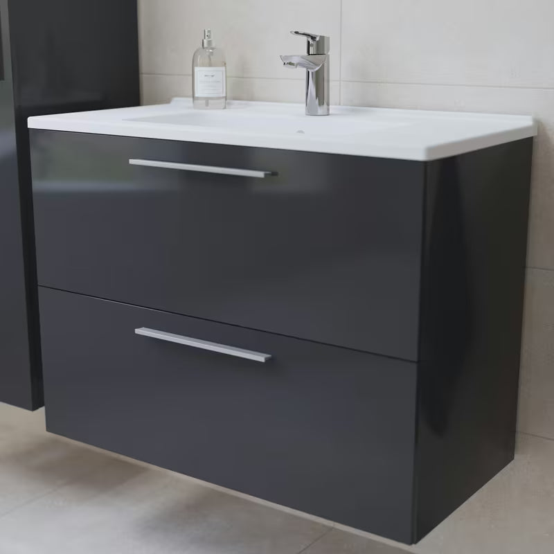 Vonios kambario Baldų Komplektas Vitra Mia 79 x 39,5 cm, antracito spalvos, su spintele, praustuvu, veidrodžiu ir LED apšvietimu.