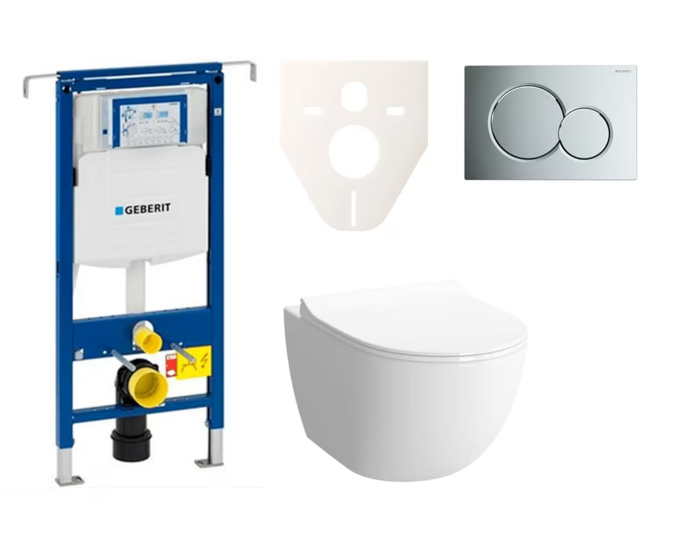 Pakabinami WC komplektas SAT Infinitio pro potinkinei montavimo sistemai su bakeliu Geberit Duofix ir blizgaus chromo nuleidimo mygtuku.