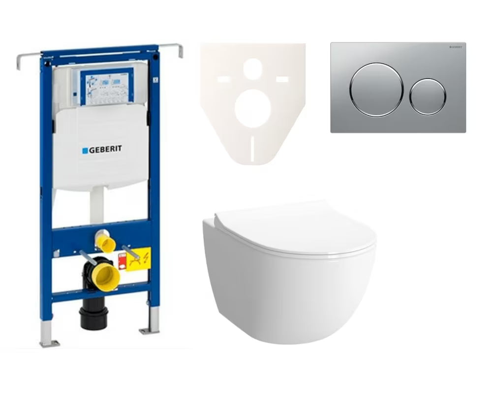 Pakabinami WC komplektas SAT Infinitio su potinkiniu bakeliu Geberit Duofix ir matinio chromo nuleidimo mygtuku.