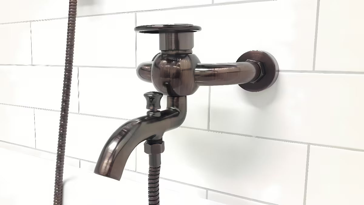 WF Industrial svirtinis sieninė vonios maišytuvas su dušo komplektu alyvuota šlifuota bronzos spalva dark-metal.