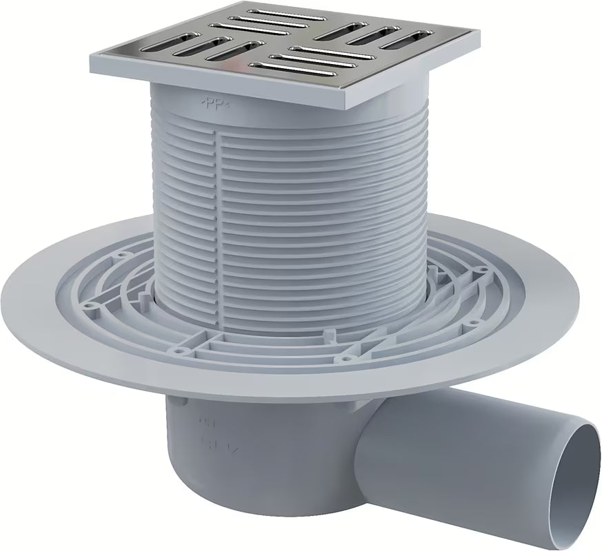 Grindų trapas Alca APV101 su nerūdijančio plieno grotelėmis 102×102×4 mm ir šonine jungtimi į nuotekų vamzdį Ø50 mm.