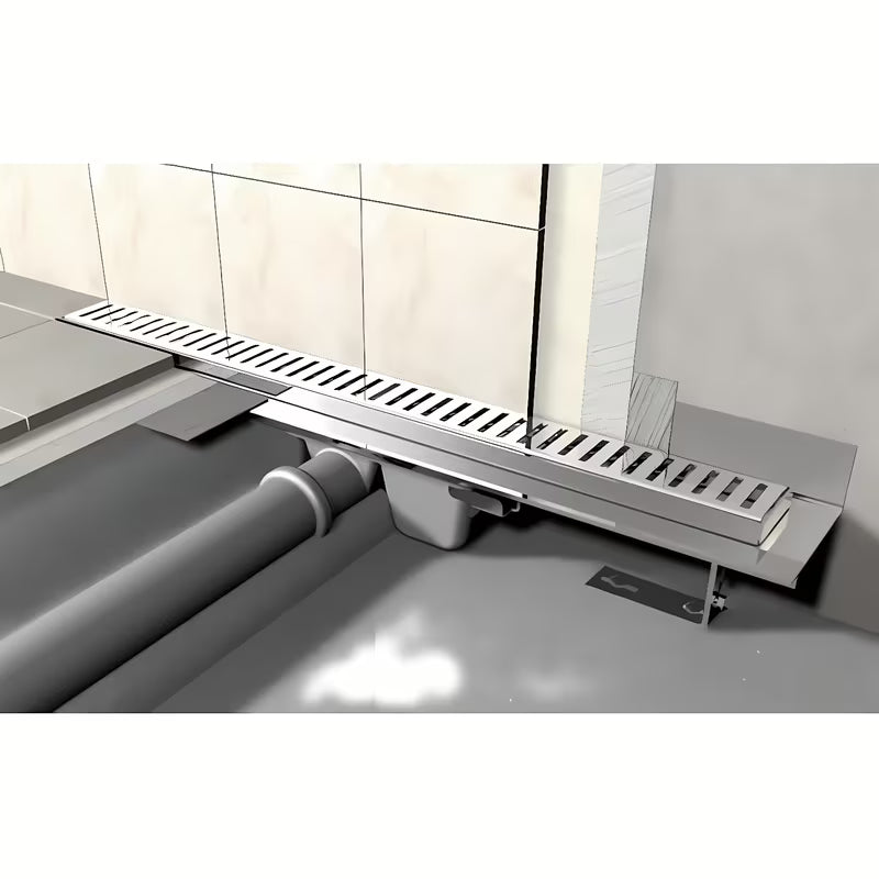 Nerūdijančio plieno dušo latakas Alca 85 cm, pro perforuotas grotelės, chrome versija, skirtas pro montuoti tiesiai prie sienos.