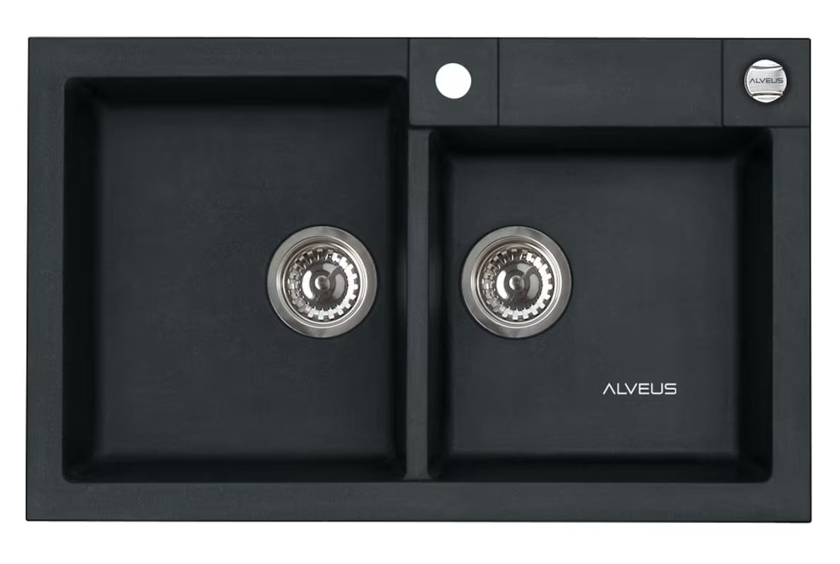 Alveus Rock 90 granitinis virtuvinis dviejų dubenų plautuvė be nusausinimo plokštumos, antracito spalvos, pro montavimas ant stalviršio .