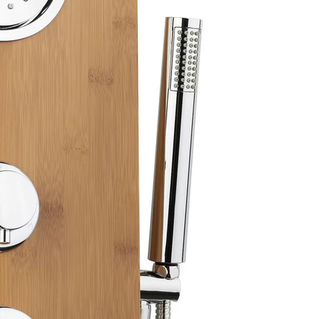 Dušo hidromasažinė panelė Anima Bamboo Shower iš bambuko su viršutiniu ir rankiniu dušu bei masažiniais purkštukais.