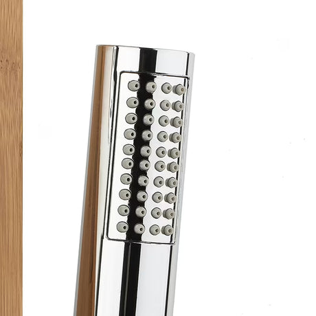 Dušo hidromasažinė panelė Anima Bamboo Shower iš bambuko su viršutiniu ir rankiniu dušu bei masažiniais purkštukais.