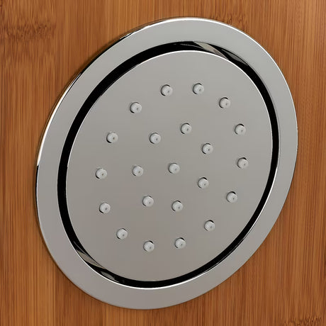 Dušo hidromasažinė panelė Anima Bamboo Shower iš bambuko su viršutiniu ir rankiniu dušu bei masažiniais purkštukais.