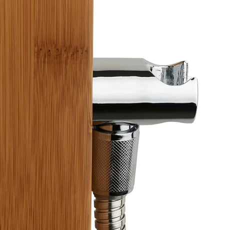 Dušo hidromasažinė panelė Anima Bamboo Shower iš bambuko su viršutiniu ir rankiniu dušu bei masažiniais purkštukais.