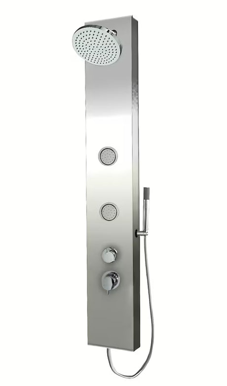 Dušo panelis Anima Primeshower su svirtiniu maišytuvu, viršutiniu lietaus dušu, rankiniu dušu ir masažiniais purkštukais.