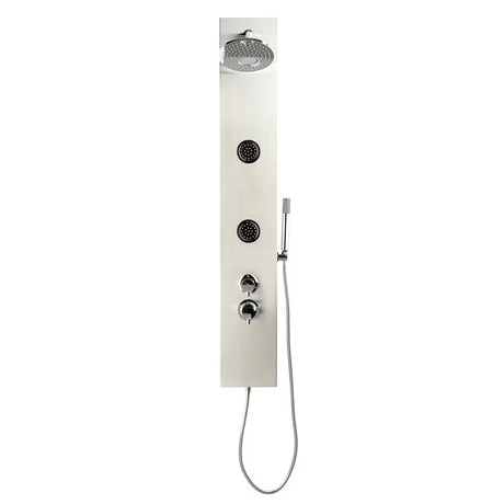 Dušo panelis Anima Primeshower su svirtiniu maišytuvu, viršutiniu lietaus dušu, rankiniu dušu ir masažiniais purkštukais.