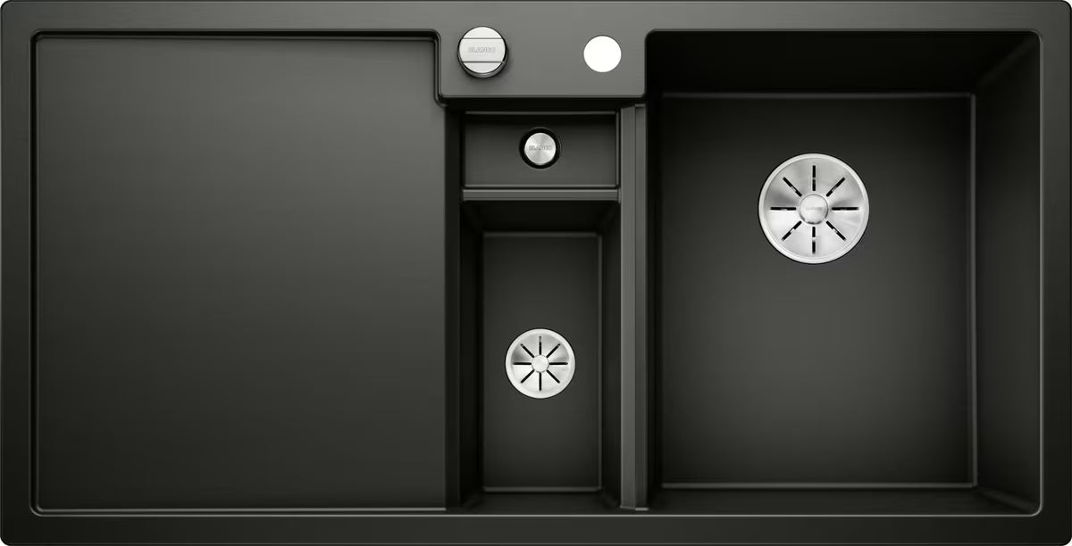 Juoda granitinė virtuvės plautuvė Blanco 100 x 51 cm su nusausinimo plokštuma, dubeniu ir dešinine orientacija