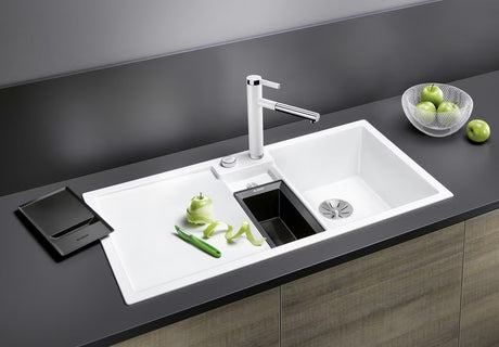 Juoda granitinė virtuvės plautuvė Blanco 100 x 51 cm su nusausinimo plokštuma, dubeniu ir dešinine orientacija
