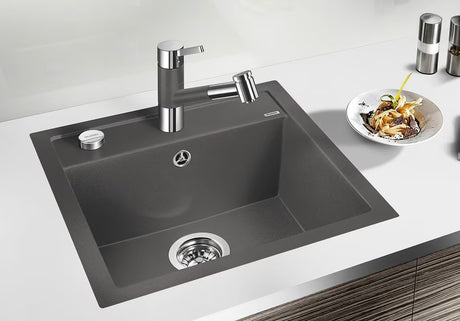 Granitinis virtuvės plautuvė Blanco Dalago 5 Silgranit PuraDur, pilkos uolos spalvos, pro montuojamas iš viršaus.