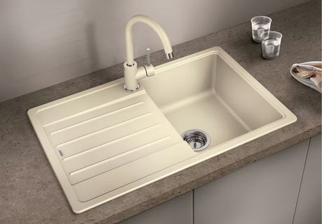 Granitinė virtuvės plautuvė Blanco Legra 45 S su nusausinimo plokštuma baltos spalvos soft pro montavimas ant stalviršio .