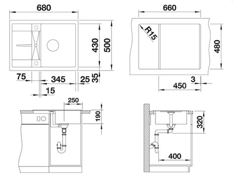 Blanco Metra 45 S Compact granitinė virtuvės plautuvė su nusausinimo plokštuma, antracit, montuojama iš viršaus