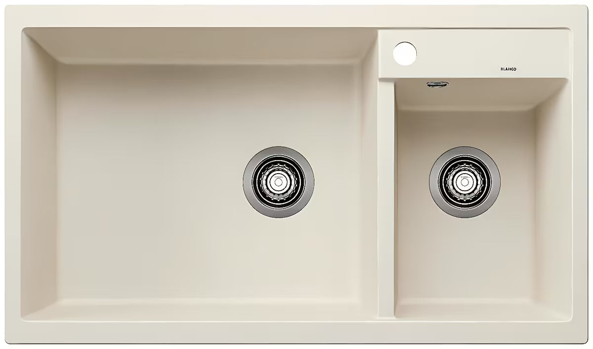 Granitinė virtuvinė dviejų dubenų plautuvė Blanco Metra 9 balta soft pro montavimas ant stalviršio 