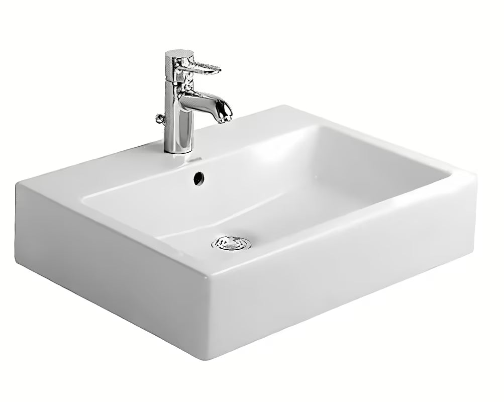 Baltas blizgus pakabinami keraminis praustuvas Duravit Vero 60x47 cm su persipylimo anga ir anga pro maišytuvui