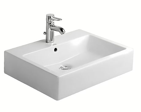Baltas blizgus pakabinami keraminis praustuvas Duravit Vero 60x47 cm su persipylimo anga ir anga pro maišytuvui