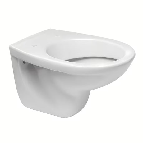 Balta pakabinamas KLOZETAS Fayans Neo iš patvarios sanitarinės keramikos su galiniu nuotaku ir taupiu DualFlush nuleidimu.