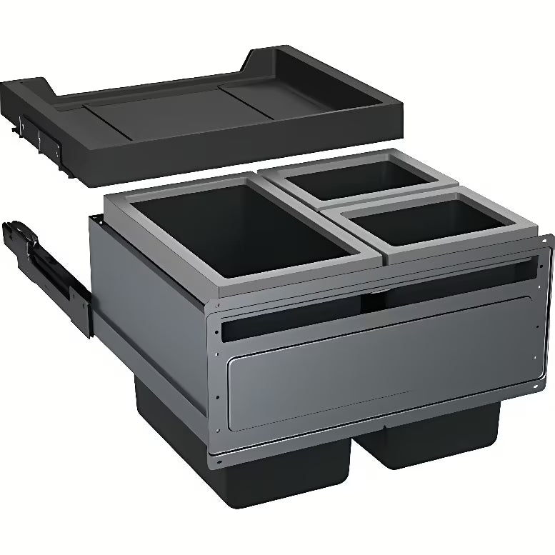 Įleidžiamas šiukšliųdėžė  rūšiavimo sistema Franke su priekiniu ištraukimu, trimis kibirėliais ir stalčiumi su anglies filtru, juodos ir pilkos spalvų.