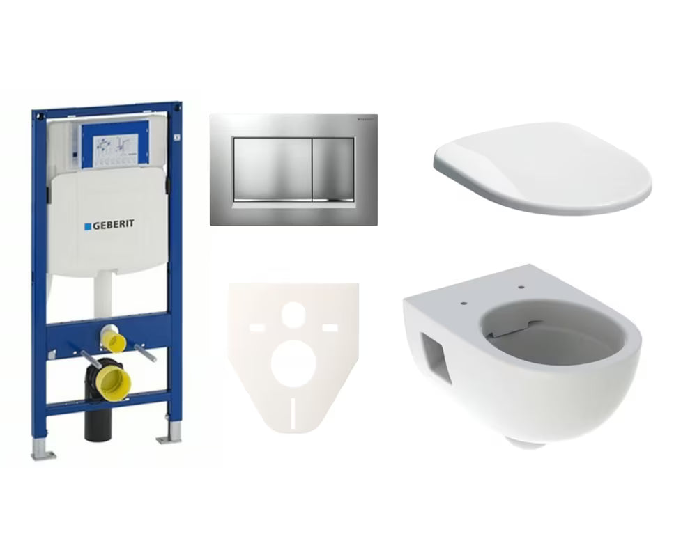 Pakabinami WC komplektas Geberit Selnova su moduliu Duofix, Rimfree dubeniu, sėdyne softclose ir matinio chromo mygtuku.