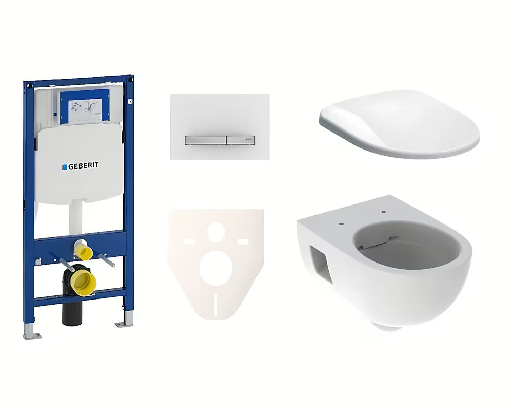 Pakabinami WC komplektas Geberit Selnova su moduliu Duofix, Rimfree dubeniu ir balta sėdyne softclose.