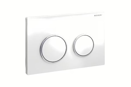 Baltas chromuotas dviejų režimų vandens nuleidimo mygtukas Geberit Omega20 pro potinkiniams bakeliams Geberit Omega.