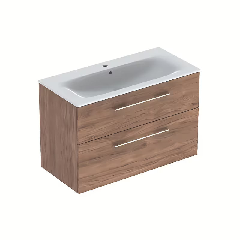 Pakabinama spintelė su keraminiu praustuvu Geberit Selnova riešuto dekoro hickory, 100x50,2x65,2 cm.