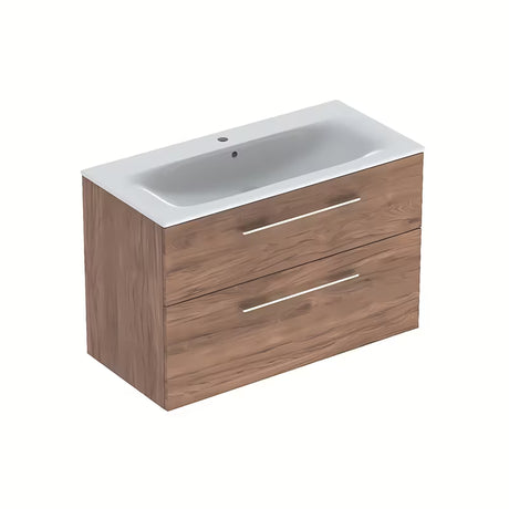 Pakabinama spintelė su keraminiu praustuvu Geberit Selnova riešuto dekoro hickory, 100x50,2x65,2 cm.