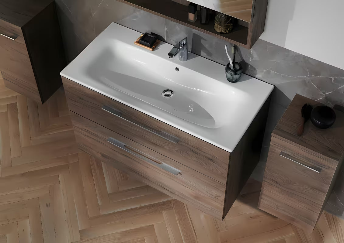 Pakabinama spintelė su keraminiu praustuvu Geberit Selnova riešuto dekoro hickory, 100x50,2x65,2 cm.